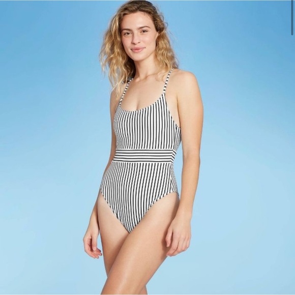 Shade & Shore Other - Shade & Shore Black & White Striped Ribbed One-Piece Swimsuit